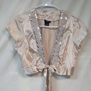Size Medium Silky Cream colored Cover up Jacket with Silver Trim